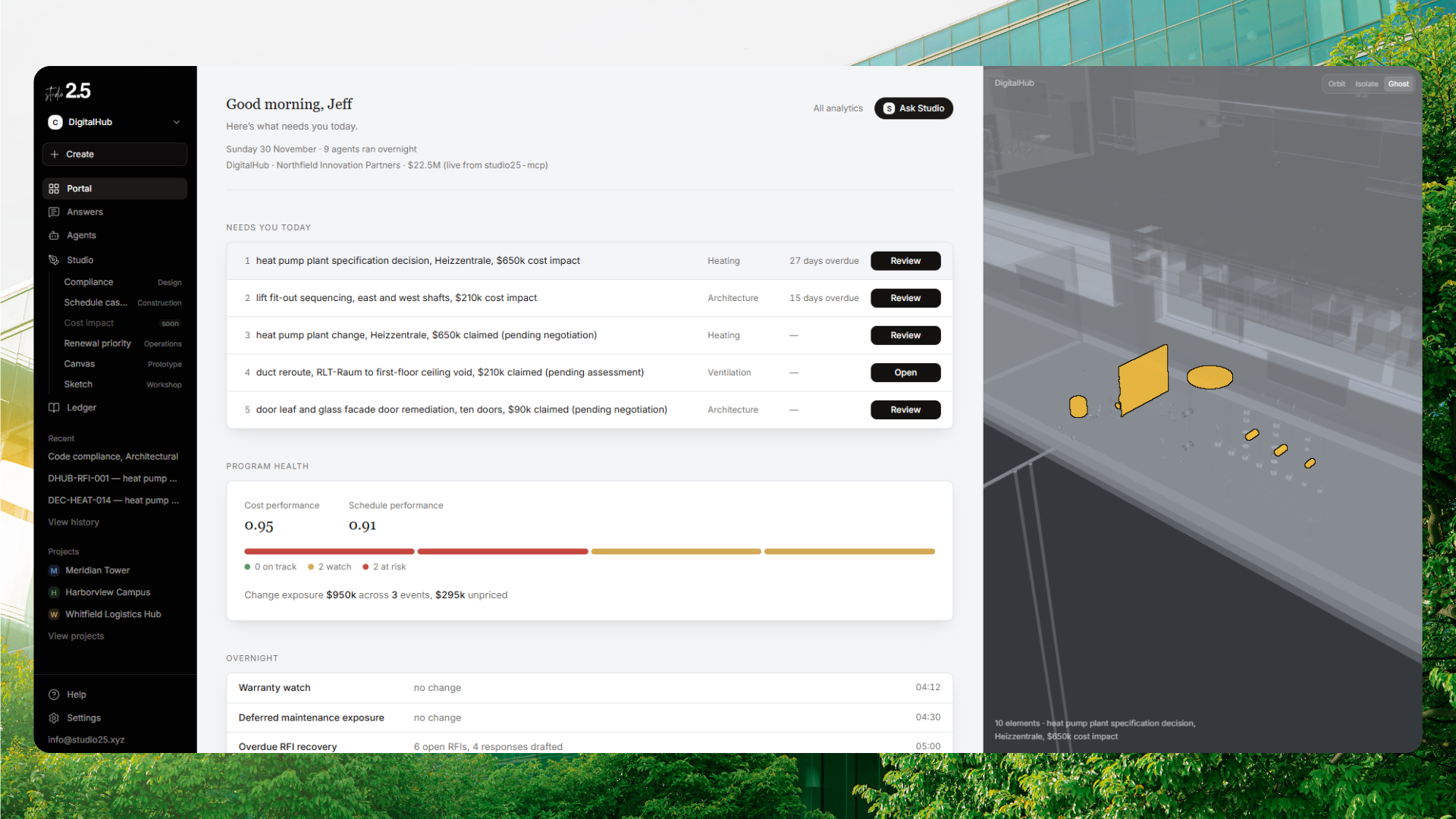 studio 2.5 Portal, showing items needing review, program health, and overnight agent runs
