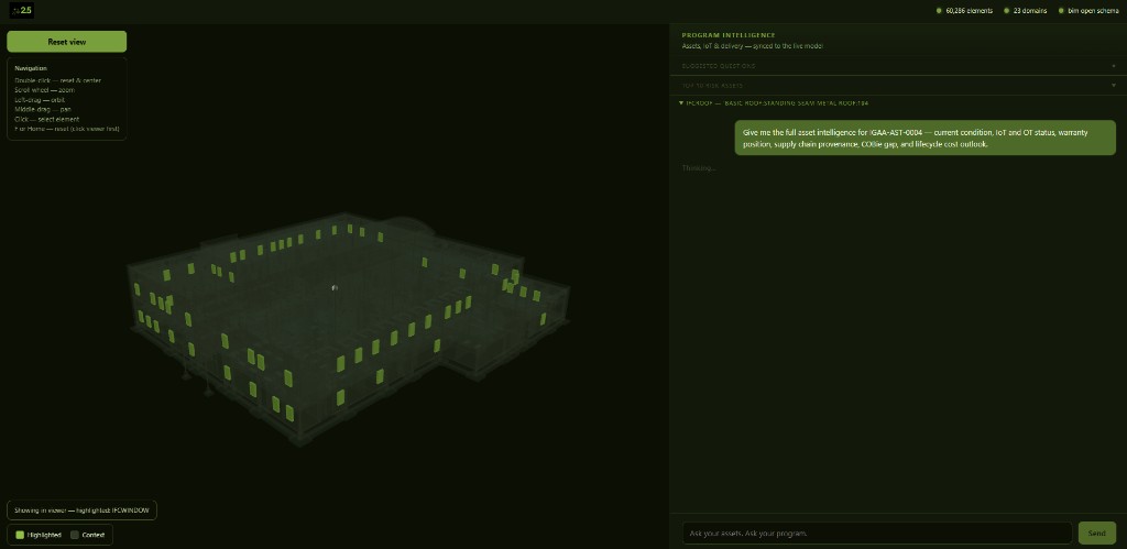 asset intelligence query with highlighted ifc elements in the 3d model